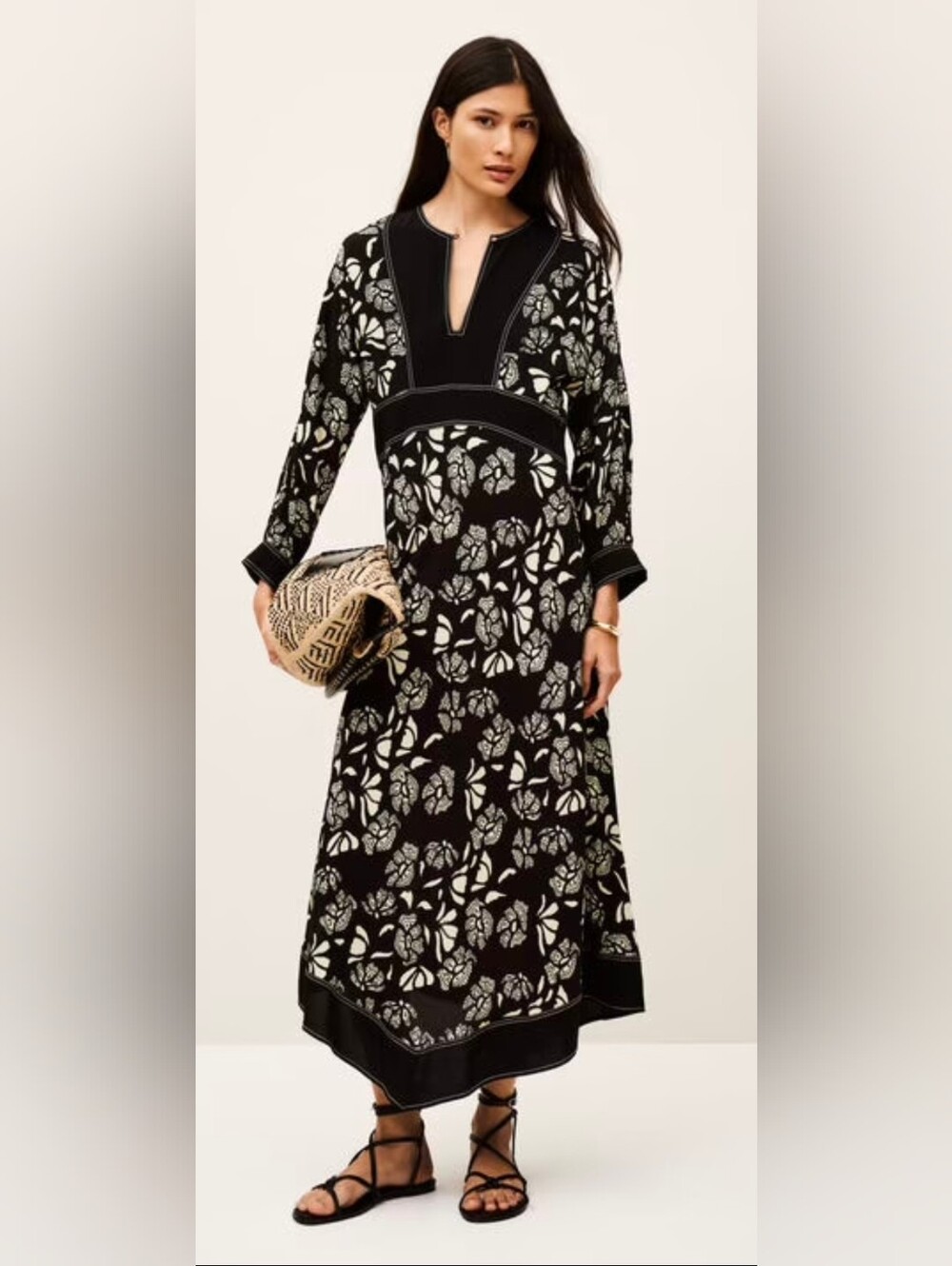 ba&sh Black and Cream Long Sleeve Floral Maxi Dress